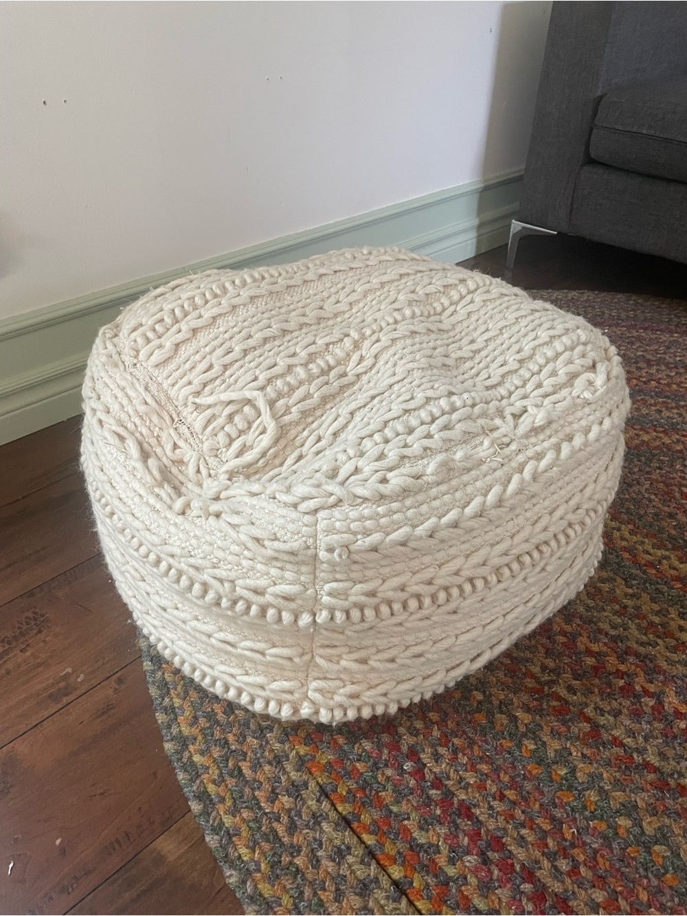 Hand-Knit Chunky Pouf Ottoman - Cream 24"